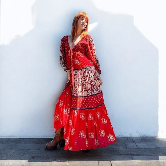 Free People Bohemian Gypsy Witchy Bali Laurel Maxi Dress Large Patchwork 70s - Picture 2 of 16